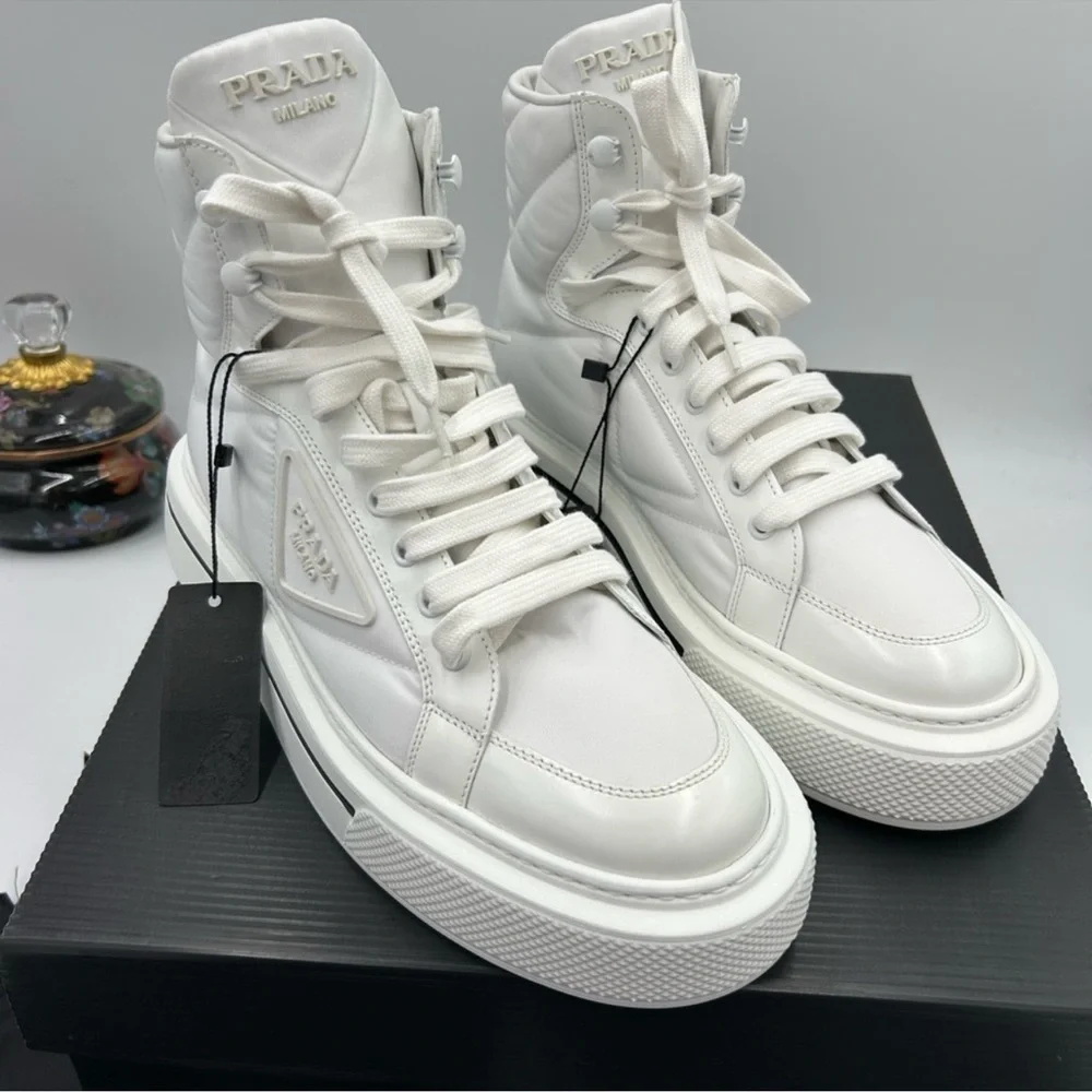 Women’s Prada re-nylon leather hightop sneakers size 39.5 made in Italy